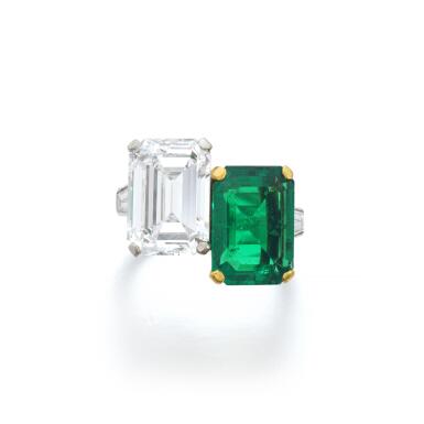 View full screen - View 1 of Lot 597. Elegant emerald and diamond ring, circa 1960.