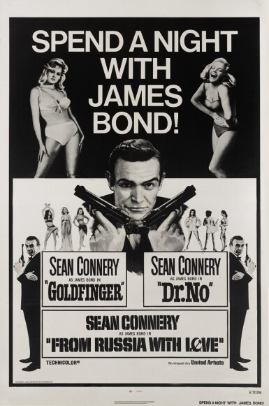 View full screen - View 1 of Lot 49. SPEND A NIGHT WITH JAMES BOND (1972) TRIPLE BILL (DR. NO, FROM RUSSIA WITH LOVE AND GOLDFINGER) POSTER, US .