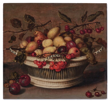 View full screen - View 1 of Lot 514. Still life of pears, plums, and cherries in a wicker basket.