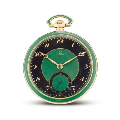 View full screen - View 1 of Lot 2268. OMEGA | A YELLOW GOLD, BLACK AND GREEN ENAMEL OPENFACE WATCH, CIRCA 1920 | 奧米茄 | 黃金黑色及綠色琺瑯懷錶,機芯編號6337800,錶殼編號6919752,約1920年製.