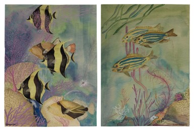 View full screen - View 1 of Lot 24. ANGELFISH AND TRIGGERFISH ON A REEF | BLUE-STRIPED GRUNT ON A REEF.