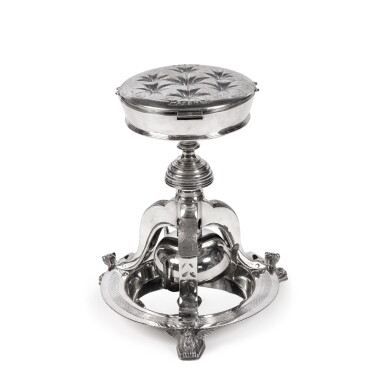 Voir en plein écran - Voir 1 du lot 1071. A Victorian Silver-Plated Stool-Form Smoker's Compendium, T. Ellin & Co., Sheffield, Late 19th Century.