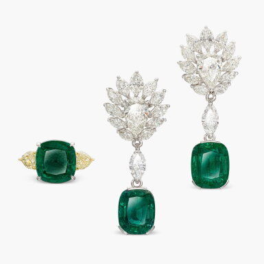 View full screen - View 1 of Lot 1241. Pair of Emerald and Diamond Earrings; and Emerald and Coloured Diamond Ring .
