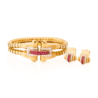 View full screen - View 1 of Lot 13. BOUCHERON | GOLD, RUBY AND DIAMOND BRACELET AND PAIR OF EARCLIPS.