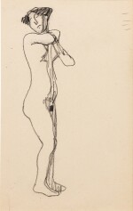 Femme nue debout de trois quarts vers la droite, mains réunies au niveau de l'épaule gauche