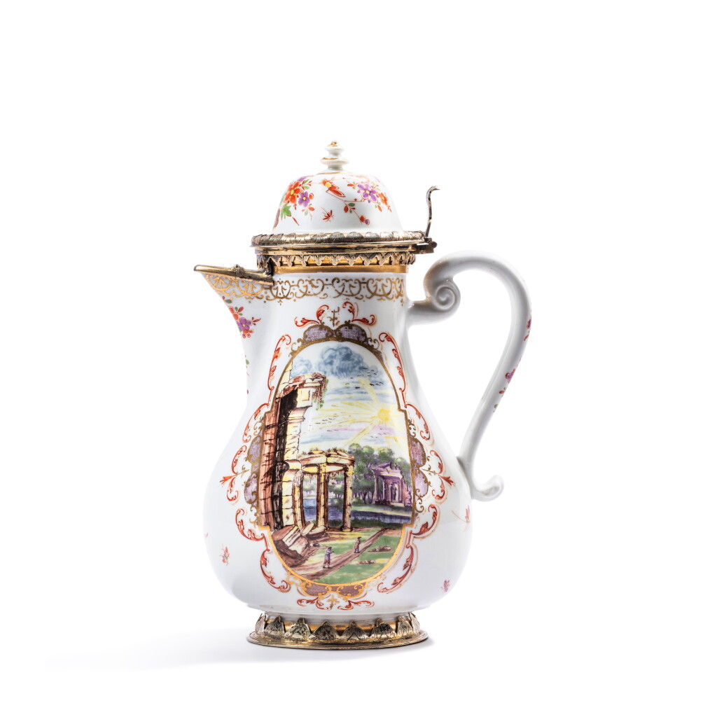 View full screen - View 1 of Lot 524. A Meissen porcelain coffee pot and cover, with silver-gilt mounts, circa 1725, the mounts Elias Adam, Augsburg.