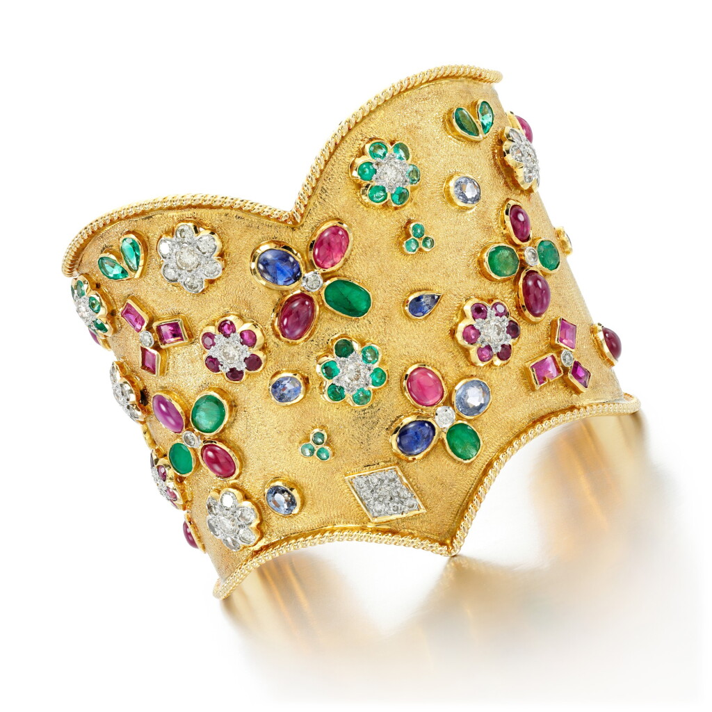 View full screen - View 1 of Lot 97. GEM-SET AND DIAMOND CUFF BRACELET.