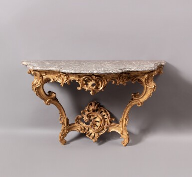View full screen - View 1 of Lot 121. A Louis XV giltwood console, circa 1760 | Console en bois doré d’époque Louis XV, vers 1760 .