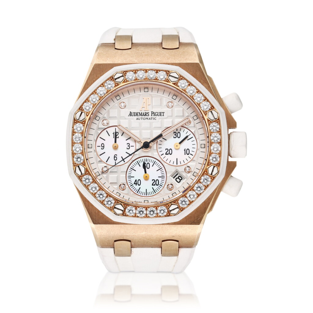 View full screen - View 1 of Lot 333. Reference 26048OK.ZZ.D010CA.01 Royal Oak Offshore | A pink gold and diamond-set chronograph automatic wristwatch with mother of pearl subdials, Circa 2010.