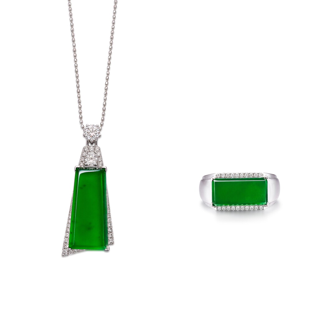 View full screen - View 1 of Lot 2880. Jadeite and Diamond Pendent Necklace and Ring | 天然翡翠 配 鑽石 項鏈 及 戒指.