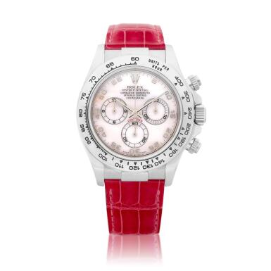 View full screen - View 1 of Lot 2249. Cosmograph Daytona, Reference 116519 | A white gold chronograph wristwatch with pink mother-of-pearl dial, Circa 2005 | 勞力士 | Cosmograph Daytona 型號116519 | 白金計時腕錶,備珠母貝錶盤,約2005年製.