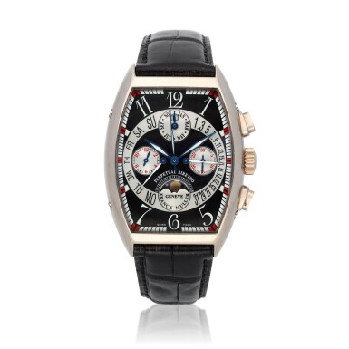 View full screen - View 1 of Lot 35. Cintrée Curvex Quantième Perpétuel Biretro, ref. 7850 CC QPB White Gold pertpetual calendar chronograph wristwatch with moon phases, leap year indication, retrograde day and date Circa 2005.