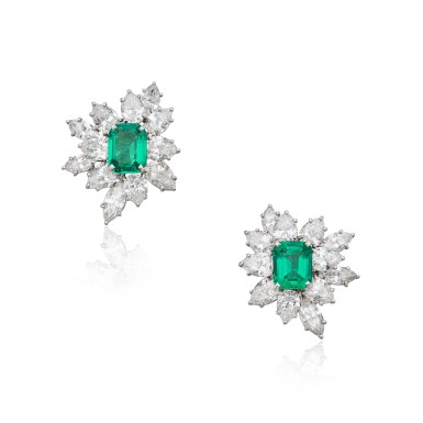 View full screen - View 1 of Lot 113. Pair of Emerald and Diamond Earclips.