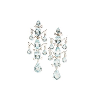 View full screen - View 1 of Lot 338. Tony Duquette | Pair of Aquamarine and Diamond Pendant-Earclips.
