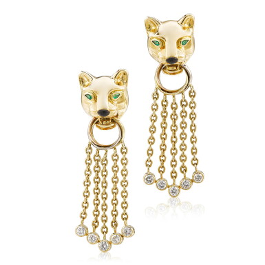 View full screen - View 1 of Lot 613. 'Panthère' Pair of Diamond, Emerald and Onyx Pendent Earrings | 卡地亞 | 'Panthère' 鑽石, 祖母綠 及 縞瑪瑙 耳墜一對.
