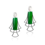 Pair of Jadeite, Moonstone and Diamond Pendent Earrings | 天然翡翠 配 月光石 及 鑽石耳墜一對
