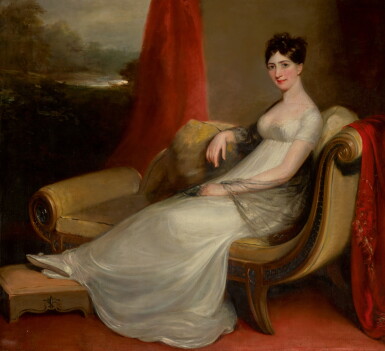 View full screen - View 1 of Lot 89. JOHN JAMES MASQUERIER, R.A. | Portrait of Maria Vicenta Solís Lasso de la Vega, Duchess of Fernán-Nuñez (b. 1780), full-length, reclining on a chaise longue.