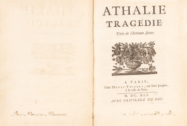 View full screen - View 1 of Lot 24. Athalie. Paris, 1691. In-4. Reliure de l'ép. Édition originale avec ex-dono autographe de Racine..