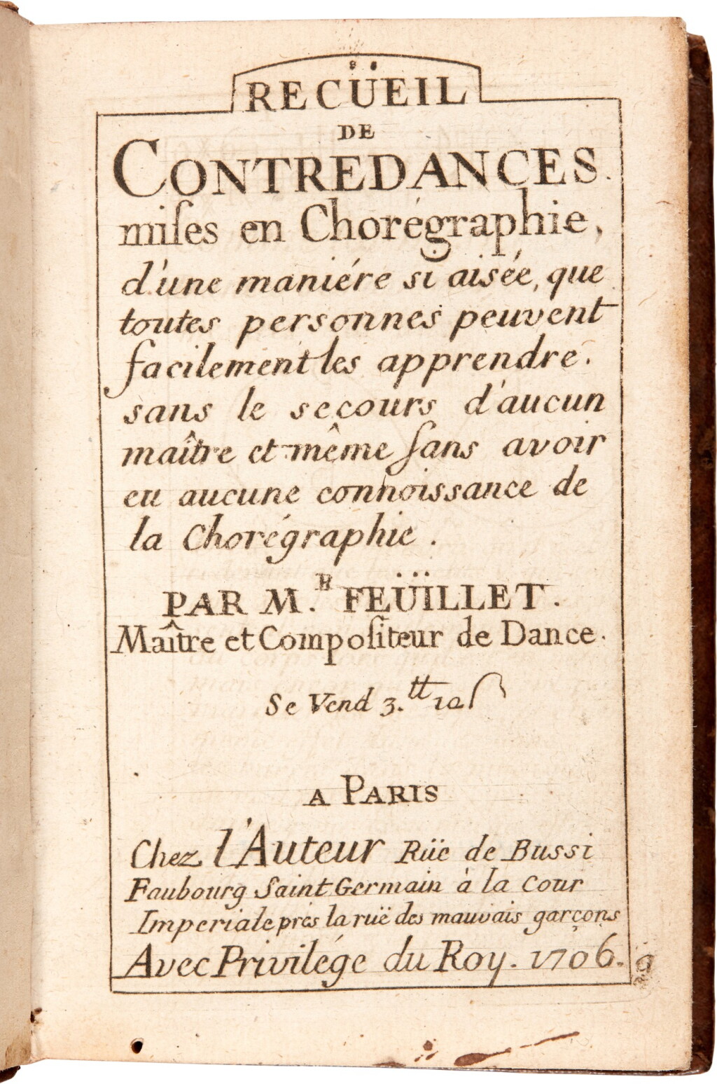 View full screen - View 1 of Lot 33. R.-A. Feuillet. Recueil de contredances, first edition, 1706.