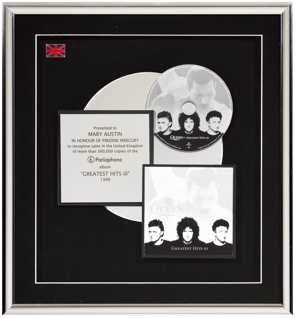 View full screen - View 1 of Lot 2337. Queen – Freddie Mercury’s BPI and various sales awards for Queen Platinum Collection and Greatest Hits III.
