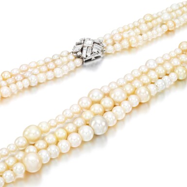 View full screen - View 1 of Lot 169. Natural pearl and diamond necklace .