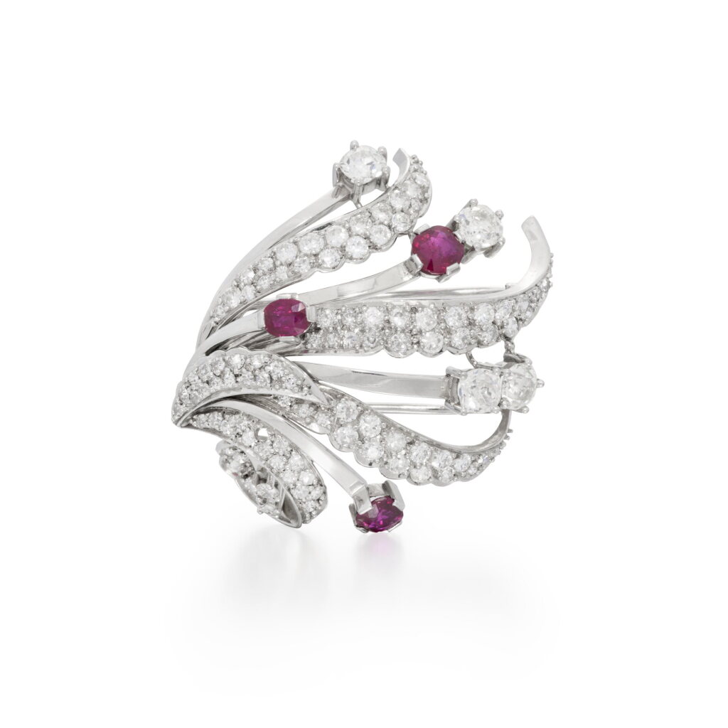 View full screen - View 1 of Lot 12. Ruby and diamond brooch, circa 1950.