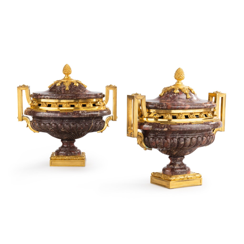 View full screen - View 1 of Lot 505. A pair of Louis XVI style gilt-bronze mounted Flemish red marble covered urns.