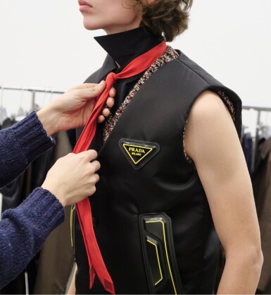 View full screen - View 1 of Lot 54. PRADA | RE-NYLON VEST, POPLIN TIE, BLACK SHIRT, CASHMERE AND WOOL VEST  WORN BY AUGUSTUS TRAUMANIS.