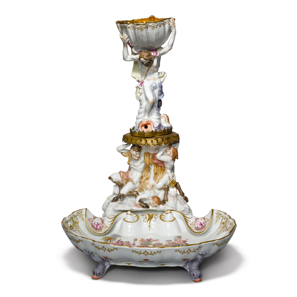 View full screen - View 1 of Lot 354. A CONTINENTAL PORCELAIN GILT-METAL MOUNTED TABLE FOUNTAIN AND BASIN, LATE 19TH CENTURY.