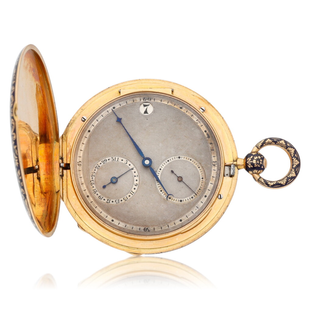 View full screen - View 1 of Lot 155. J. F. Bautte & Cie, à Genève No. 45006 A slim gold and blue enamel hunting cased jump hour watch with date made for the Russian Market Circa 1835.