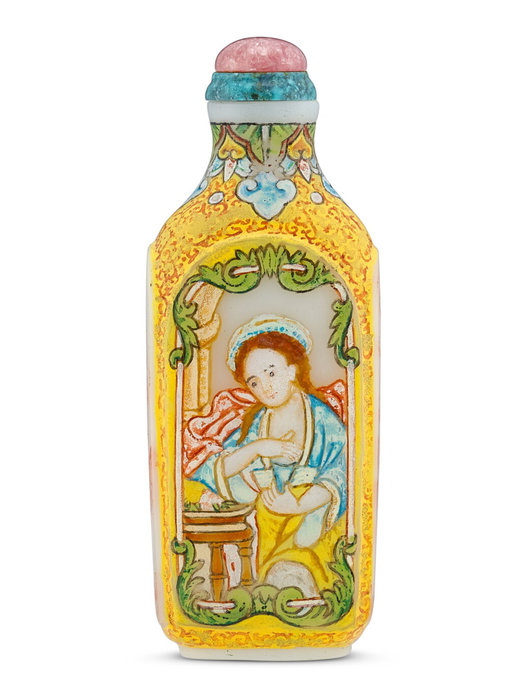 View full screen - View 1 of Lot 1841. A yellow-ground enamel on glass 'European subject' snuff bottle | 料胎畫琺瑯西洋人物鼻煙壺 《乾隆年製》仿款.