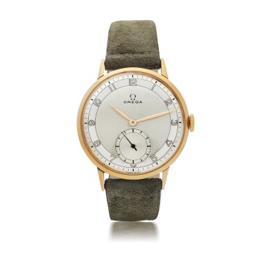 View full screen - View 1 of Lot 165. OMEGA | A PINK GOLD WRISTWATCH WITH TWO TONED DIAL, CIRCA 1945.