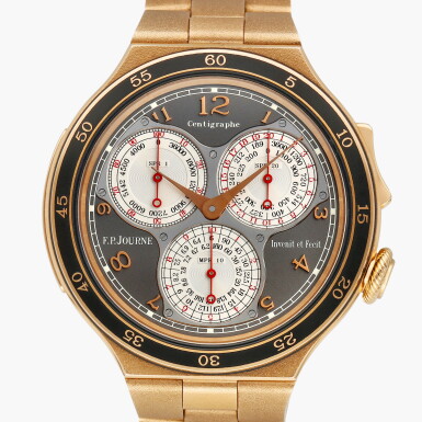 View full screen - View 1 of Lot 133. Centigraphe Souverain | A pink gold chronograph bracelet watch with 100th of a second, 20 second and 10 minute registers | Circa 2020.