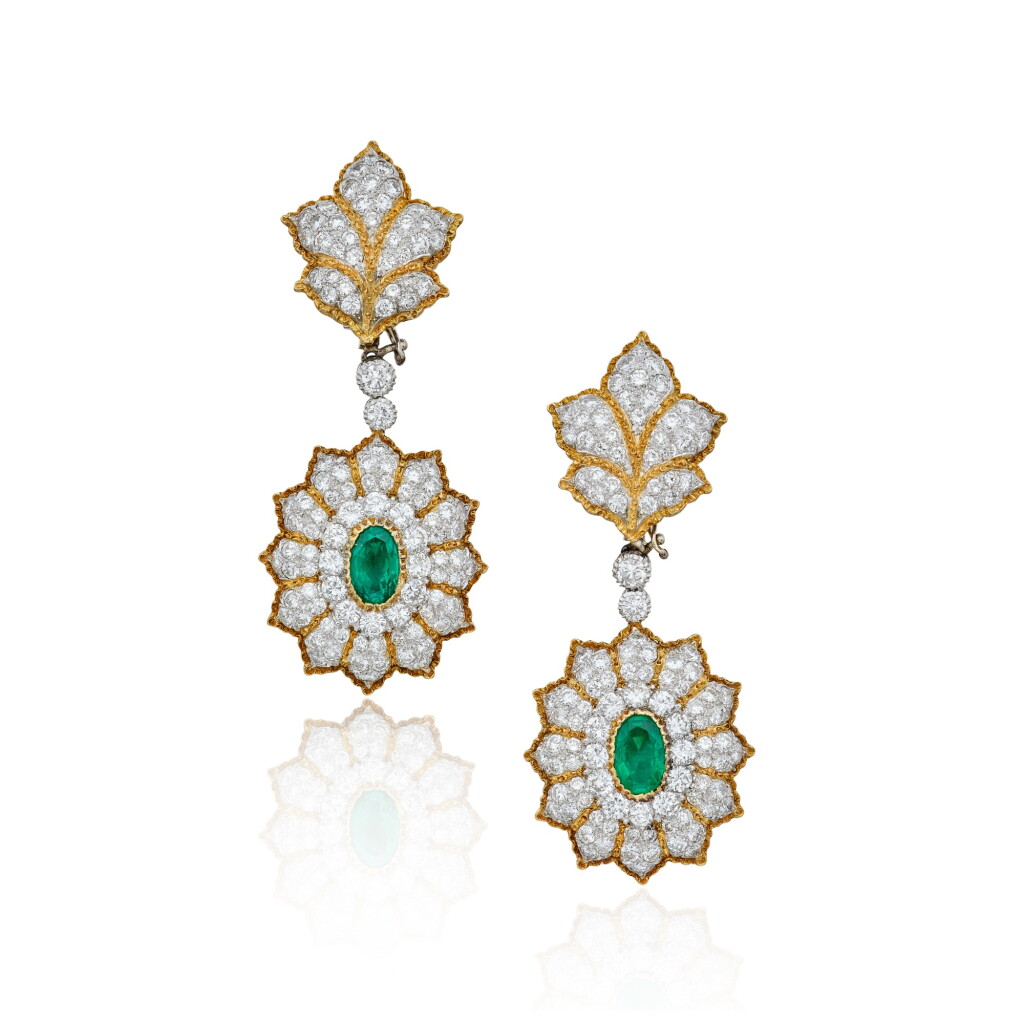 View full screen - View 1 of Lot 389. Pair of Emerald and Diamond Pendant-Earclips.