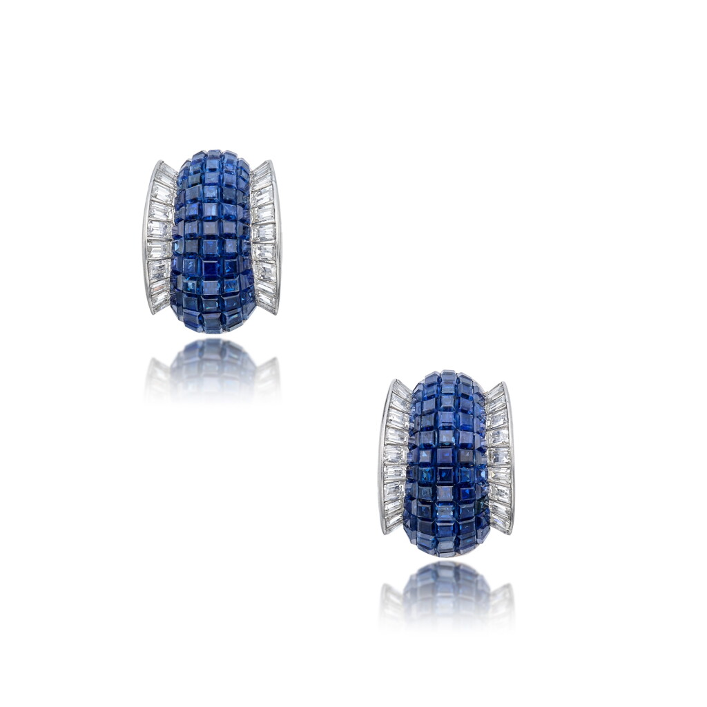 View full screen - View 1 of Lot 40. Pair of 'Mystery-Set' Sapphire and Diamond Earclips.