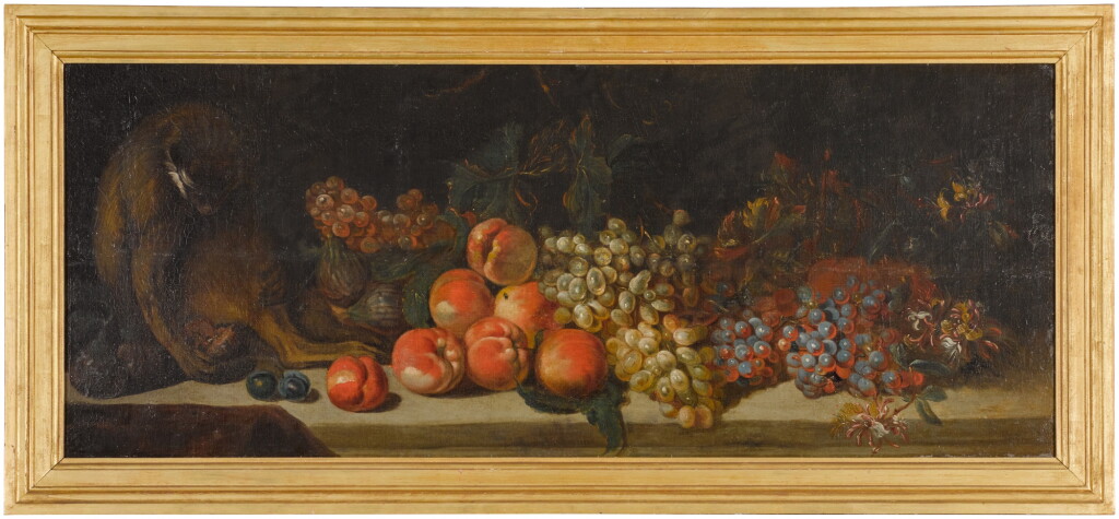 View full screen - View 1 of Lot 31. Still life with a monkey on a table laden with grapes, peaches and figs.