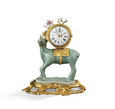 View full screen - View 1 of Lot 178. A Louis XV ormolu-mounted Chinese celadon and Meissen porcelain clock, mid 18th century, the movement signed "Baptiste Baillon".