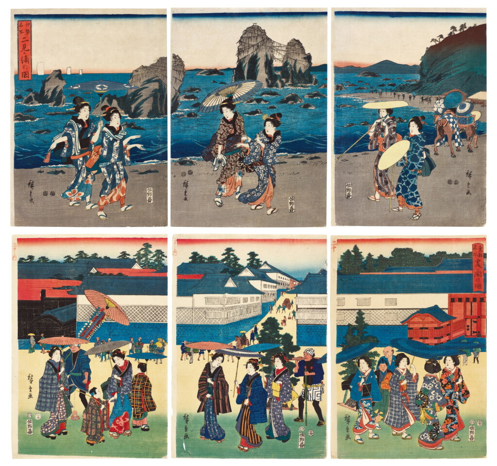 View full screen - View 1 of Lot 8. UTAGAWA HIROSHIGE I (1797–1858), TWO TRIPTYCHS: VIEW OF FUTAMIGAURA (FUTAMIGAURA NO ZU) AND KASUMIGASEKI | EDO PERIOD, 19TH CENTURY.