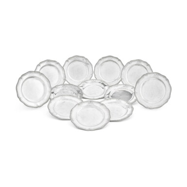 View full screen - View 1 of Lot 199. A set of twelve George III Irish silver dinner plates from the Drogheda Service, Robert Calderwood, Dublin, circa 1760.