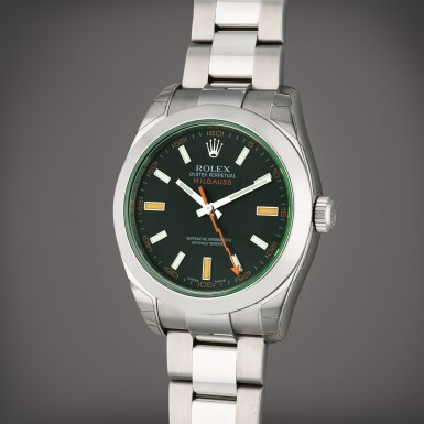 View full screen - View 1 of Lot 247. Reference 116400 Milgauss | A stainless steel automatic wristwatch with bracelet and green sapphire crystal, Circa 2015.