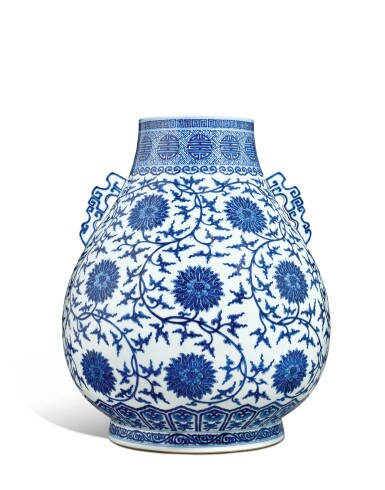 View full screen - View 1 of Lot 33. A large blue and white 'lotus' handled vase (Hu), Seal mark and period of Qianlong.