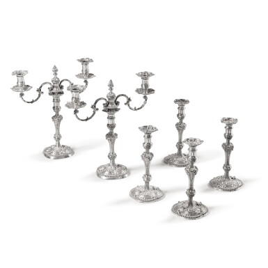 View full screen - View 1 of Lot 134. A set of four George III silver candlesticks and two two-light candelabra, John Mewburn, London, 1806-1811, the branches, Robert Garrard, London, 1860 | Ensemble de quatre flambeaux et deux chandeliers à deux lumières George III en argent par John Mewburn, Londres, 1806-1811, les branches par Robert Garrard, Londres, 1860 .
