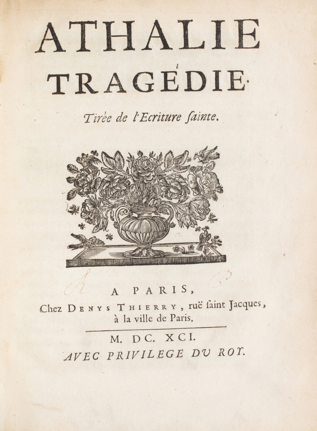 View full screen - View 1 of Lot 74. Athalie. Paris, 1691. In-4. Rel. de l'ép. Ex. Barthou avec un précieux manuscrit autographe de Racine..