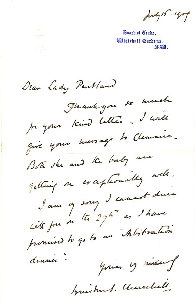 View full screen - View 1 of Lot 22. Winston S. Churchill | Autograph letter signed ("Winston Churchill") to Lady Pentland, 15 July 1909.