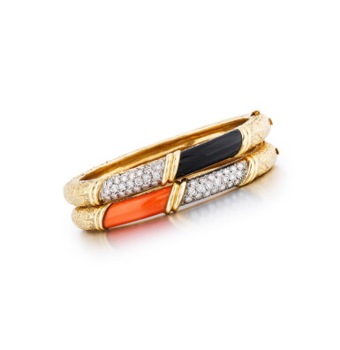View full screen - View 1 of Lot 124. Deux bracelets corail, onyx et diamants | Two coral, onyx and diamond bangle-bracelets.