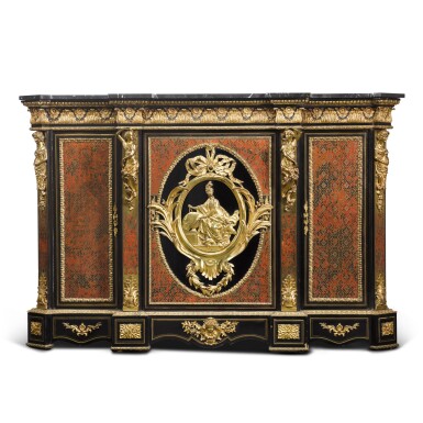 View full screen - View 1 of Lot 98. A Napoleon III gilt-bronze and gilt-brass mounted tortoiseshell 'Boulle' marquetry ebonised side cabinet, third quarter 19th century.