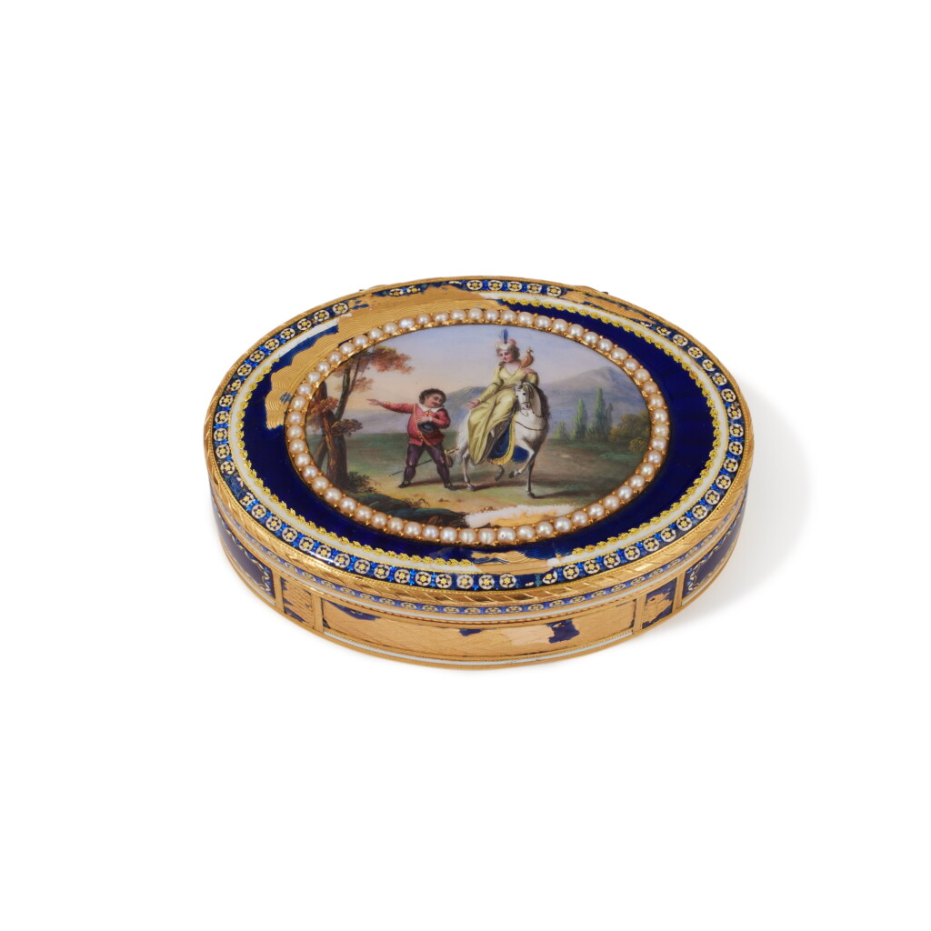 View full screen - View 1 of Lot 104. A pearl-set gold and enamel snuff box, Geneva, circa 1785.