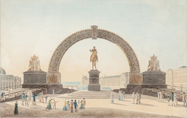 View full screen - View 1 of Lot 1072. View of the statue of Henri IV and the Arc de Triomphe as it was displayed on 25 August 1818, day of the inauguration dedicated to those who subscribed for the restoration of this national monument | Vue de la statue de Henri IV et de l'Arc de Triomphe tel qu'il était disposé le 25 août 1818, jour de l'inauguration dédiée aux personnes qui ont souscrit pour le rétablissement de ce monument national.