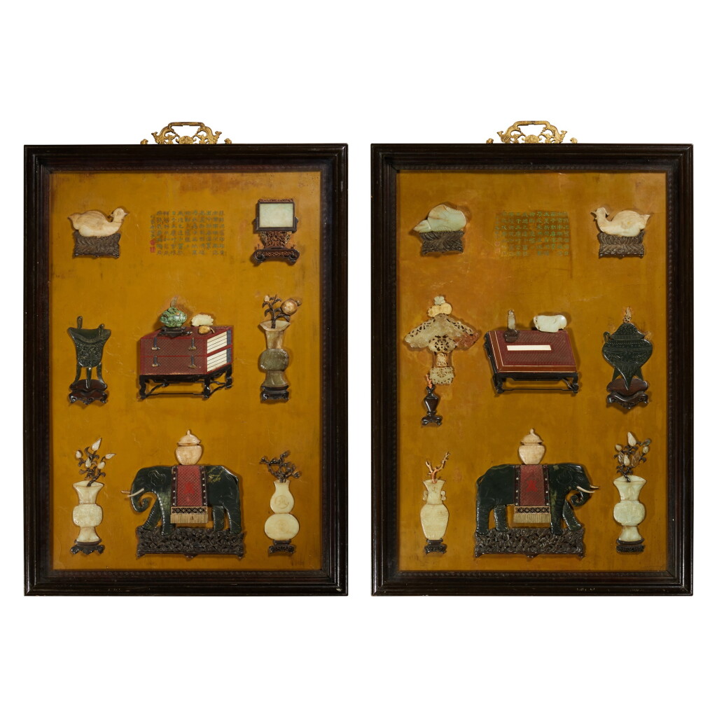 View full screen - View 1 of Lot 223. A pair of large hardstone and cinnabar lacquer-inlaid screens, Qing Dynasty, 18th / 19th century | 清十八 / 十九世紀 大漆嵌百寶博古圖掛屏一對.