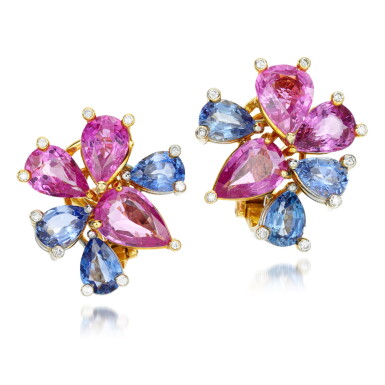 View full screen - View 1 of Lot 169. Pair of pink and blue sapphire and diamond ear clips.